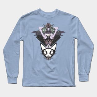 Witch, Cat Skull, Crows, And All Seeing Eye Of Providence Art Long Sleeve T-Shirt
